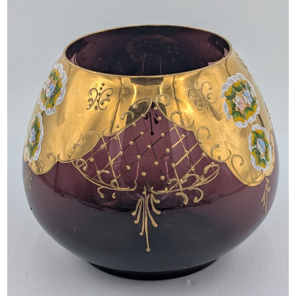 Large Bohemian Glass Bowl Purple Amethyst Gold Gilt Enameled Applied Flowers 7" - Picture 4 of 13